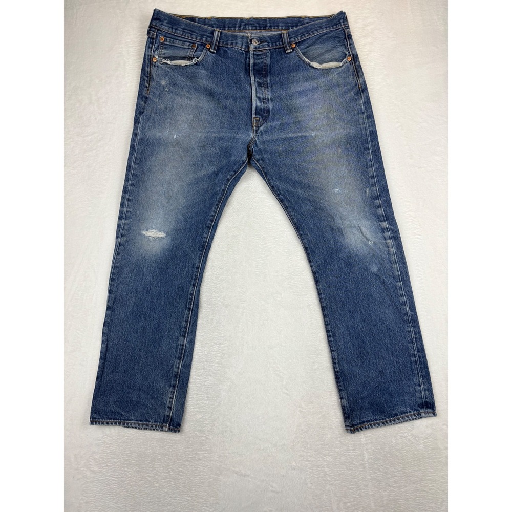 Levis 501 Mens 38x30 Jeans Blue‎ Distressed Vintage Style Denim Medum Light Wash